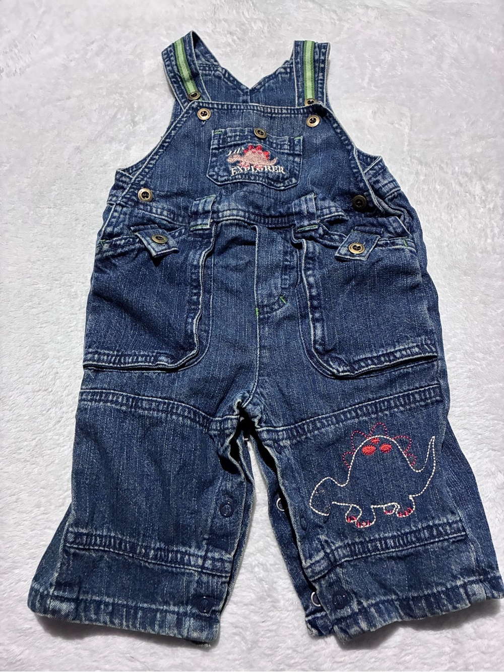 small wonders Dark Blue Denim Overalls with Green Straps and Red Dino